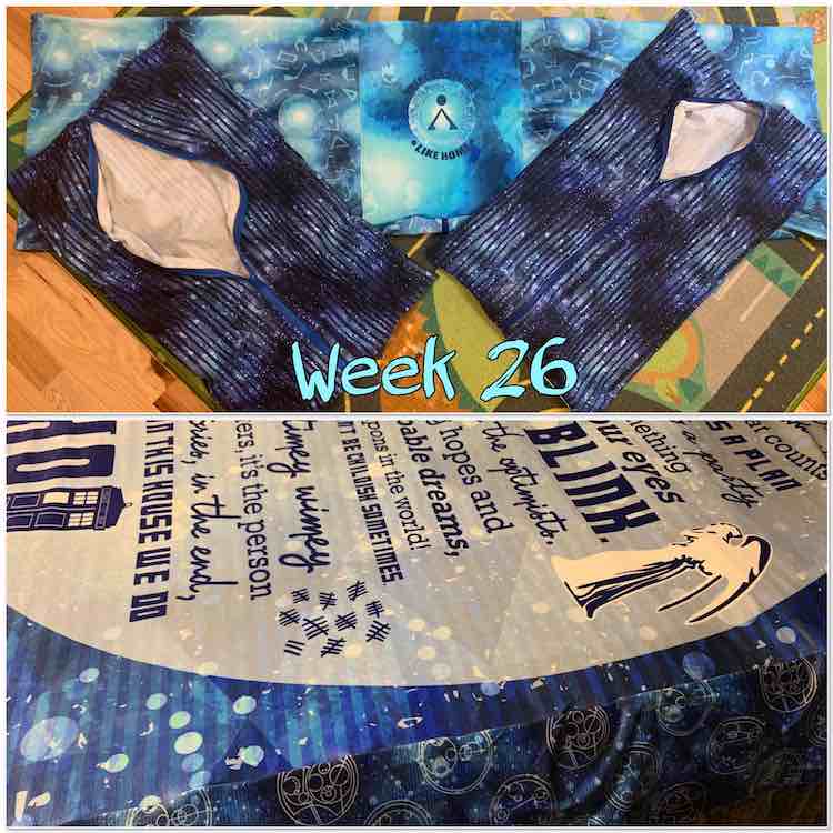 Image shows a collage of two images with the text saying "week 26" in black outlined turquoise in the center. The top image shows the three pillows laid out on the ground before the pillow insert was put in. The bottom image shows part of the blanket on my bed.