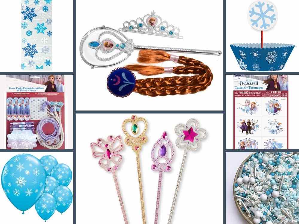 A collage of eight product images taken from Walmart.com. These include, in columns top to bottom from left to right, the cellophane bags, favor variety pack, snowflake balloons, Anna accessory kit, Melissa and Dough wands, cupcake kit, tattoos, and snow sprinkles.