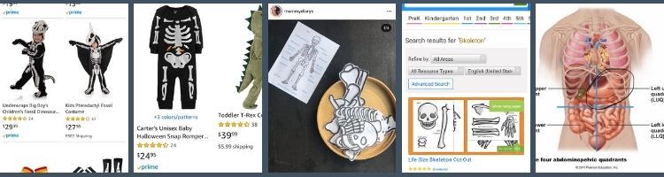 Collage showing screenshots of my inspiration. The first two images (on left) show my Amazon results for skeleton costumes with a T Rex, Pterodactyl, and romper with candy. The middle image shows @mummydiarys' Instagram skeleton puzzle post while the fourth image shows twinkl's life-size skeleton cut-out. The final image is a realistic and sanitized contents of a person's torso showing the skeleton and organs.