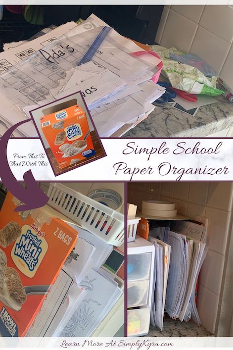 Pinterest image showing four images, the title of the blog post, and my main URL. The top image shows piles of papers and other things on the counter. The below two images shows two different views of the cereal box paper organizer on the counter. Between the two sections, beside the blog title, there's a small picture of the cereal box along with an arrow going from the top to the bottom saying "from this to that with this".