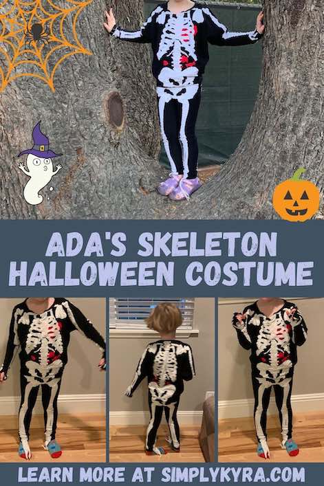 Pinterest image showing four skeleton images (all shown below too), the blog title, my main URL, and a couple Halloween-themed clipart.