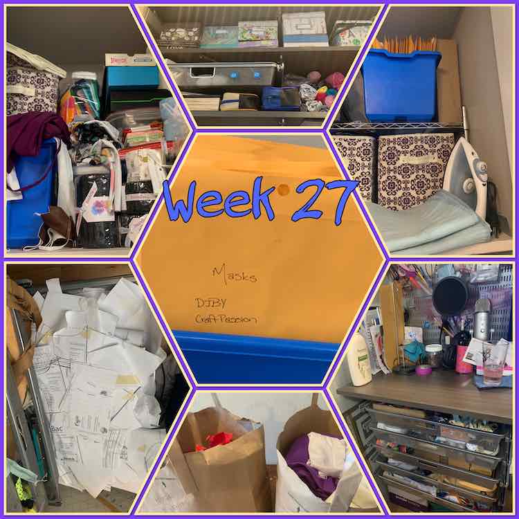 Image says "week 27" in blue just off center. The image is composed of a collage of seven photos. The center one is a hexagon shaped photo containing a closeup of the envelopes in a blue container. From the bottom left clockwise the rest of the images contain a drawer filled with printed PDFs helter skelter, a messily organized and full shelf, organized shelves and drawer, organized closet shelf showing the PDFs and other things, my organized desk and drawers, and finally my bags containing the scrap knit and woven separated out for future projects.