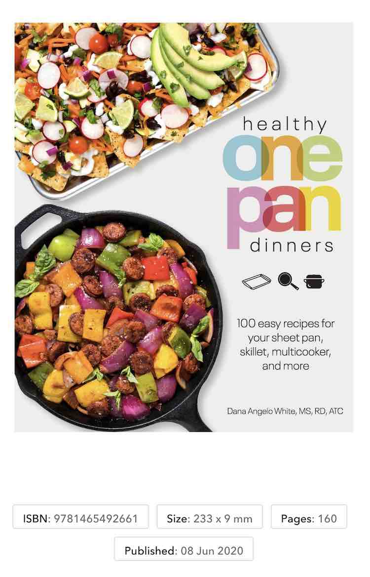 Image contains the Healthy One Pan Dinners cookbook cover with accompanying information below including the ISBN (9781465492661, size (233 x 195 mm), page count (160), and published date (09 Jun 2020).