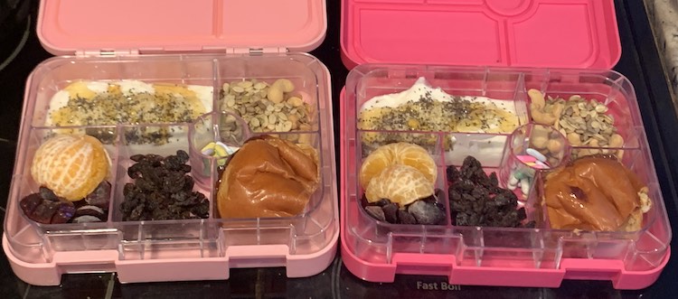 Image shows two bento lunchboxes with yogurt, oranges, cherries, raisins, mix of cashews and various seeds, licorice nibs, and a half sandwich.