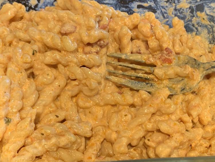 Closeup of pasta with tomatoes, seasoning, cheese, and yogurt. There's a serving fork in the pasta. 