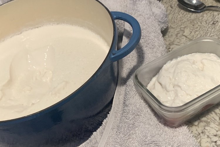 View of the Dutch oven, on the left, with scoops of yogurt taken out, akin to scoops of ice cream, and a container, to the right, of yogurt with strawberries at the bottom.