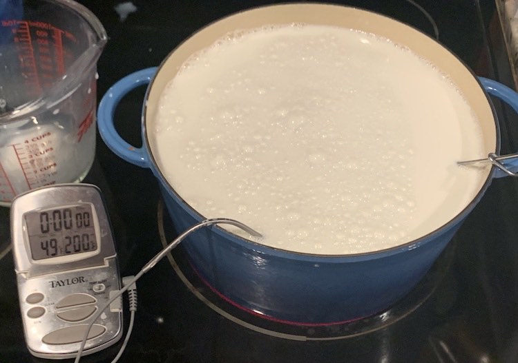 Image shows my Dutch oven filled with milk sitting on a red burner. Beside it sits an instant read thermometer showing a temperature of 49°F and the thermometer portion is sitting in the milk with a cord connecting the two. On the right side you can see the metal handle of my whisk leaned against the edge so it doesn't fall in.