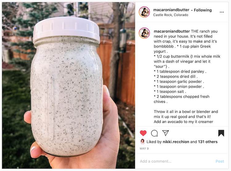 Image is a screenshot from Instagram showing a jar of ranch dressing, on the left, and the recipe to make it on the right.