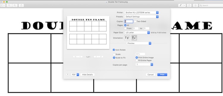 Image shows a ten frame diagram with the print dialog open overtop of it.