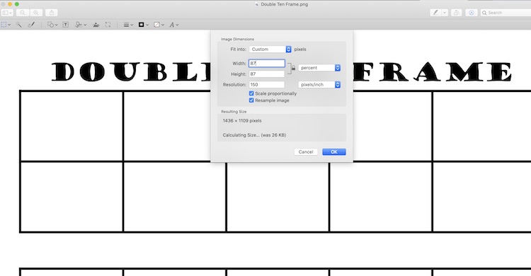 Image shows the double ten frame hidden being the image dimensions dialog box. In the box you can see the width and height set to 87%.