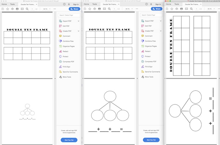 Image shows three PDFs with a double ten frame on the first page and a four circle number bond on the second. The far left shows smaller images, in particular the number bond, while the middle shows full sized up right images, and finally the rightmost image shows full sized sideways images so they'd print in landscape mode.