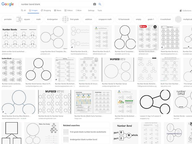 Image shows the results, on Google image search, of "number bond blank".