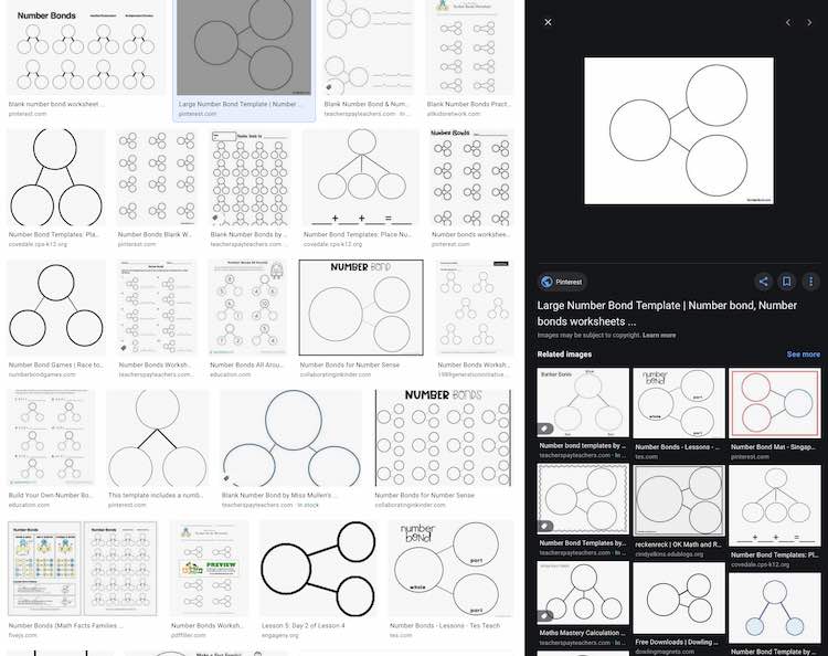 Image shows the Google image search results (see above image) with the right side of the screen changed. Now it's showing the blank three circle number bond along with the name, source, and related images below. 