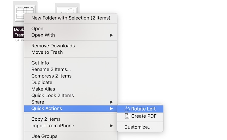 There's enough background to show two image files being selected. In front of the images is a drop-down menu, from right-clicking, showing the Quick Actions option highlighted and the sub menu with the Rotate Left and Create PDF options. 