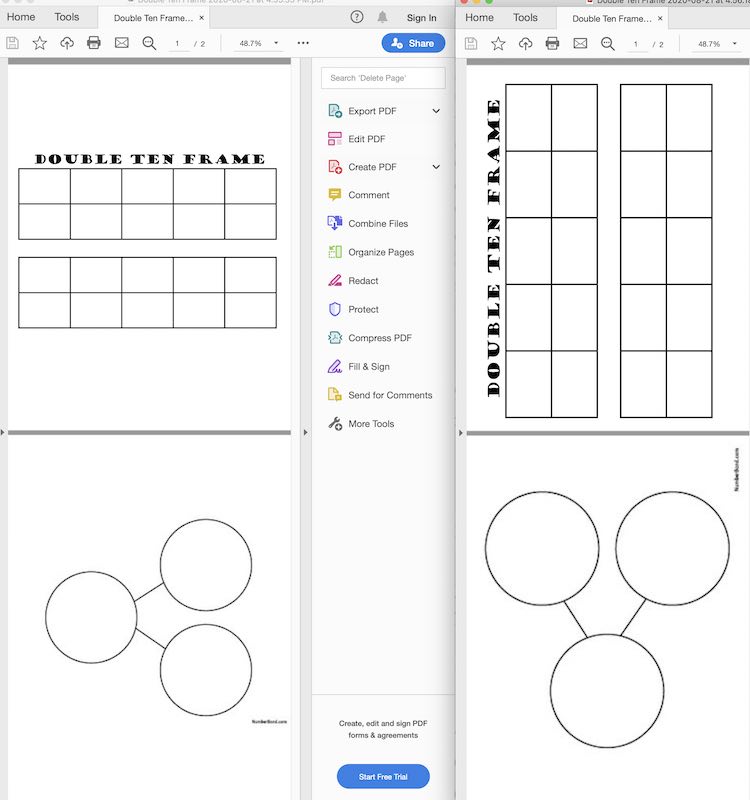 Image shows two 2-page PDFs side by side. The one on the left shows smaller upright images while the PDF on the right shows larger sideways images.