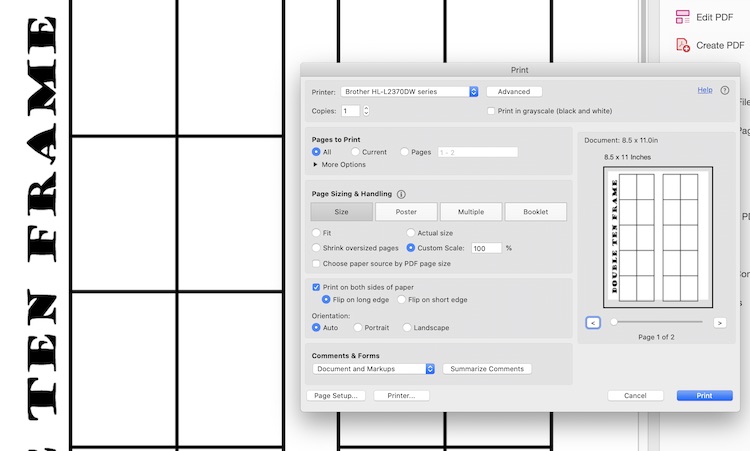 Image shows a sideways double ten frame with a print dialog open and the "Print on both sides of paper" selected.