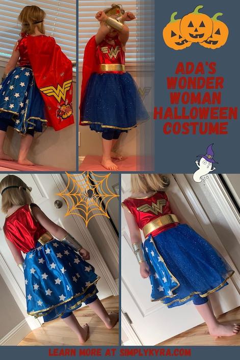 Pinterest image showing a collage of four images of Ada in her costume (also shown below), the blog title, my URL, and a couple Halloween clip-arts featuring pumpkins, a ghost, and a spider on it's web.