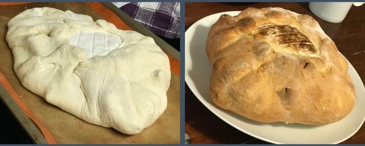 Image shows two photos side by side showing the formed unbaked loaf with the brie showing in the center, on the left, and, on the right, the final baked loaf with the browned brie top. 