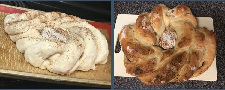 Again this image shows two different images. On the left you see an unbaked circular loaf with brie in the center and ropes of bread coming out of the center like a flower. The photo is taken from the side. On the right you see a photo taken from above looking down at a browned loaf sitting on a plastic cutting board. The flower is less apparent but still there and the brie isn't browned yet is sprinkled with cinnamon. 