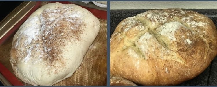 Image shows two photos side by side. The image on the left shows the unbaked loaf blob on a silpat sheet sprinkled with flour and cinnamon. On the right you can see the baked final loaf. 