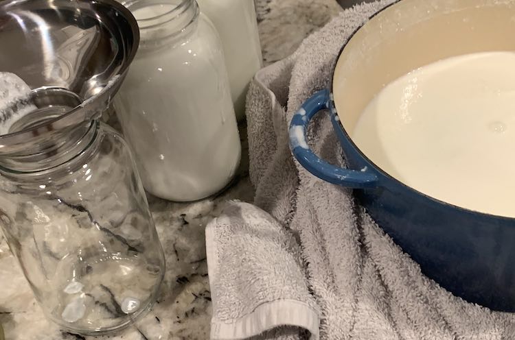 Image shows my blue Dutch Oven with yogurt inside sitting on a white towel. Off to the side sits two filled glass canning jars and an empty one, in front, with a metal wide mouth funnel sitting in the top.