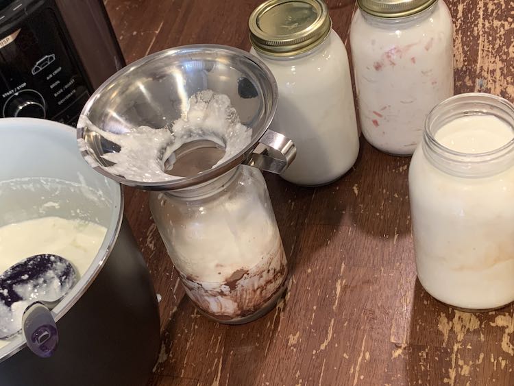 Image shows the multi-cooker and insert, with the yogurt and a purple ladle, to the left. Beside it sits a canning jar with a metal wide mouth funnel at the top. The contents are brown at the bottom with brown lines going to the top of the, quarter-filled, yogurt. To the back are two canning jars with lids on and in the front is one jar with the lid off. All three have different color hues.