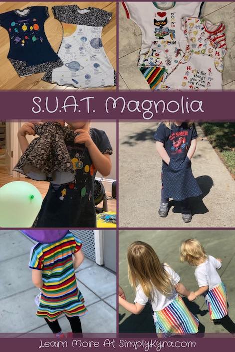 Pinterest image showing several finished views of the Magnolia top along with some closeups of the sewn together fabric. Most images can be found further down in this post. The image also includes the words "S.U.A.T. Magnolia" and the main website URL. 