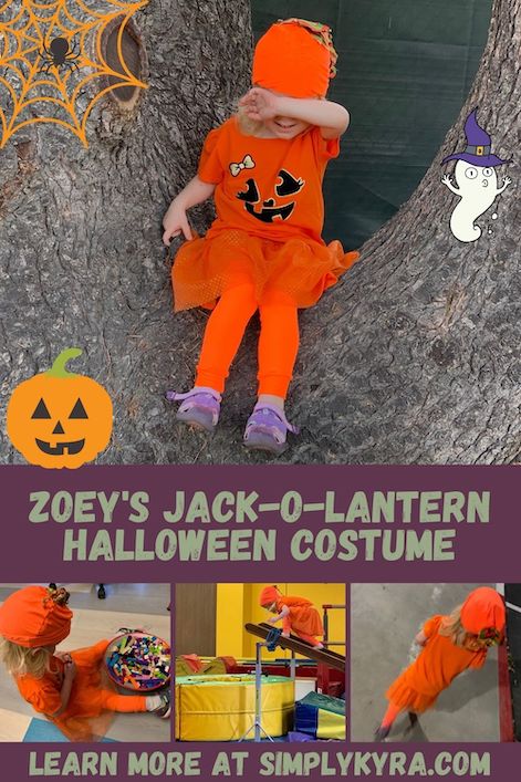Pinterest image showing a collage of four images of Zoey's final jack-o-lantern costume. All images can be found below. The image also includes a title, my main url, and several adorable Halloween clipart images. 