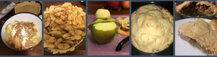 Collage of five images with a blue border around them. From left to right it shows: 
1. a plastic bowl two thirds filled with sliced peeled apples topped with flour, sugar, and seasonings. 
2. a bottom pie crust filled with a heaping mix of pie filling.
3. Apples on a cutting board being peeled. 
4. The top of the baked apple pie with the odd heart outline from a metal cookie cutter. 
5. a closeup of a slice of pie on a plate with the rest of the pie in the pie plate behind it.
