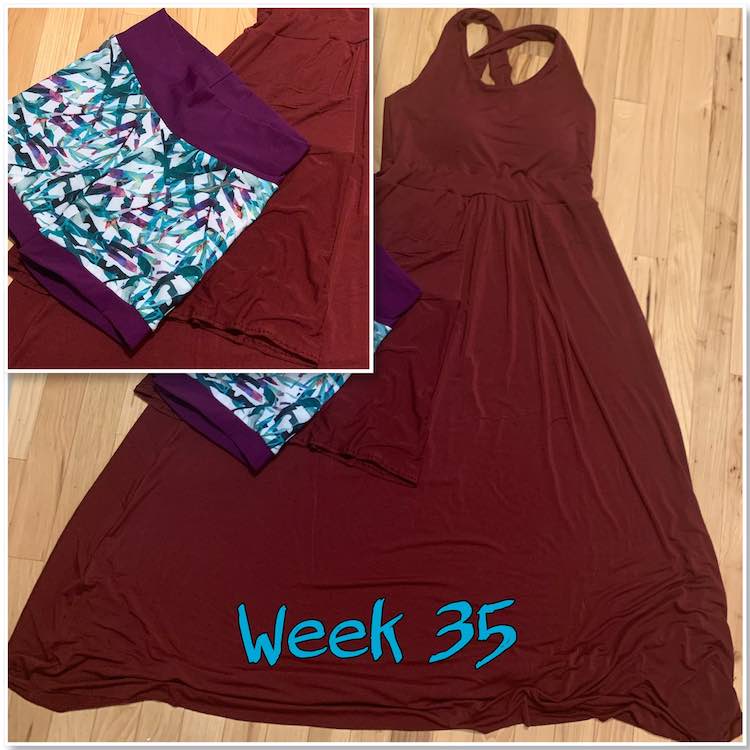 Image is a small square in the upper left corner super imposed over the larger square image. The smaller one is a closeup of the swim leafed shorts and the matching shorts. The larger image is from further away so the focus is on the dress behind the shorts. At the bottom it says "week 35" in turquoise.