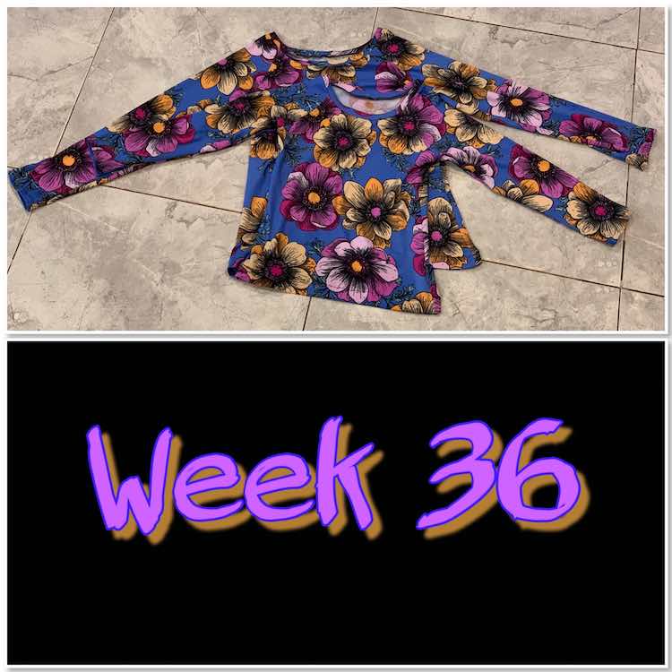 Image is a photo of two long sleeved flowered shirts overlapping laid out on the kitchen floor. Below them is a black space with bright letters spelling out "week 36";.