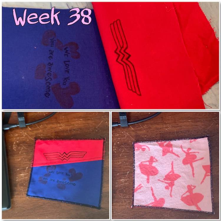 Image is a collage composed of three photos and the text "week 38". The first image takes up the top half of the collage shows two designed pieces of fabric (red and blue) laid out checking where the seam should go to piece them together. The bottom two images show the finished slightly square-ish coaster with the decorated top on the left and the fuzzy ballerinas on the right. 