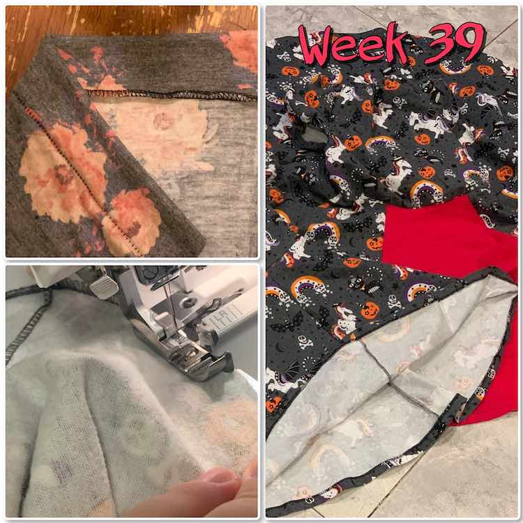Image is a collage of three photos along with the text "week 39". The left top image shows a scrap of knit fabric with the blind hem sewn on. The edge of the fabric is folded over so you can see either side of it. The small image on the left shows me doing the blind hem along the bottom of one of the dresses. The tall image on the right shows the finished dresses with the hem showing near the bottom. 