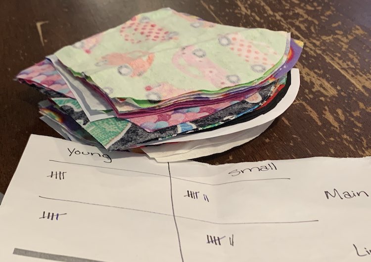Image shows a stack of pattern pieces on my kitchen table with a piece of paper in front of it. The two by two grid is labeled with "young" and "small" at the top for the pattern size and "main" and "lining" at the side for the type of fabric used and pattern piece.
