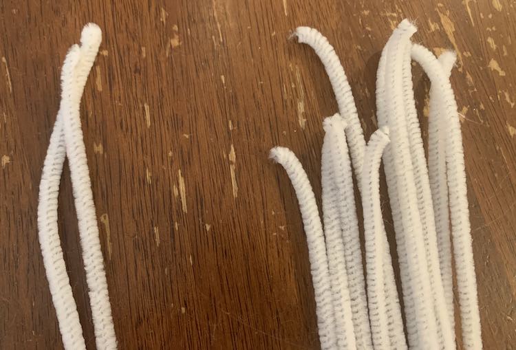 View of white pipe cleaners on the kitchen table. There's two on the left with a folded over edge so it's balled up and softer. The pile of ten on the right show curved tips, as they were folded to find the center, and look sharper. 