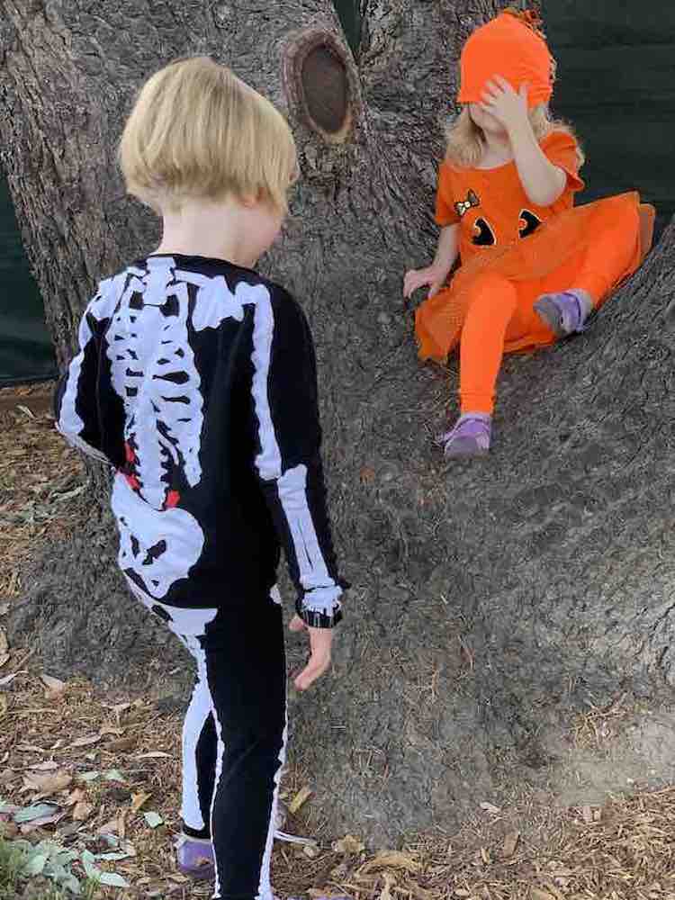 Image shows the back of Ada's skeleton in front of the tree. In front of her Zoey sits on the tree with the hat pulled down over her eyes.