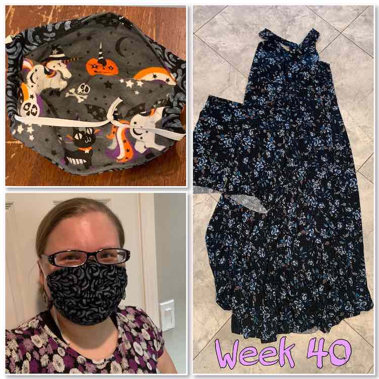 Image is a collage of three images again. The rightmost image shows a flowered floor length dress with a matching pair of shorts laid overtop. The two images on the left show the Iris Luckhaus face mask on my face, bottom, and the inside view, top. At the bottom right there's lavender text saying "week 40". 