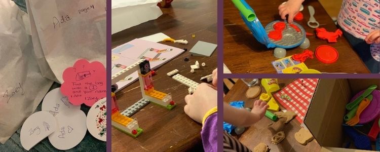 Image shows a collage of four photos. The leftmost one shows the advent calendar bags and hint. The two rightmost ones shows Zoey with her playdough kit while the middle image shows Ada building her LEGO® set.