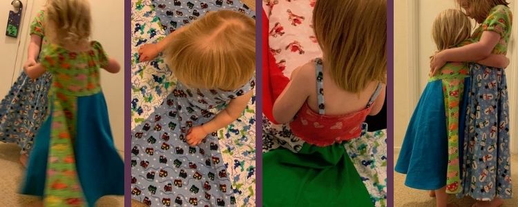 Image shows a collage of four images side by side. The outer two show both girls wearing a peasant topped dress while the inner two show a single dress (the hacked patsy) from above. All four dresses are unique because of the fabric choices. 