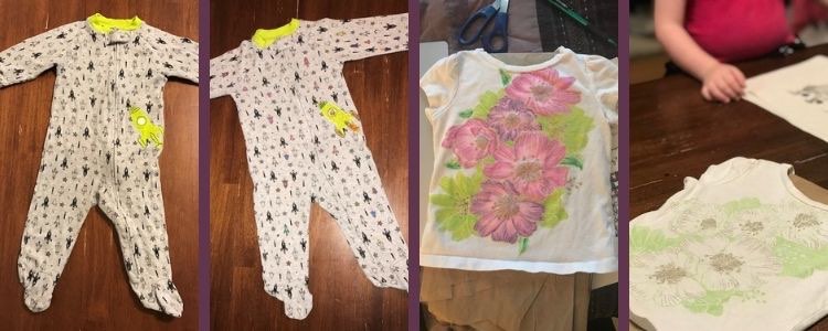 Image is a collage of four images. The left images are of a long sleeved and leg baby onesie while the right two images are of a glittery flower shirt. The outer two images are plain (before altering) and the inner two are colorful (after opening the fabric markers).