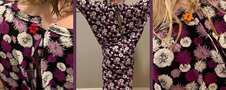 Image shows a collage of three photos. The center photo shows the back of the dress while the left and right photo are focused on the back of the dress's neckline and thus the pink and orange flower buttons.