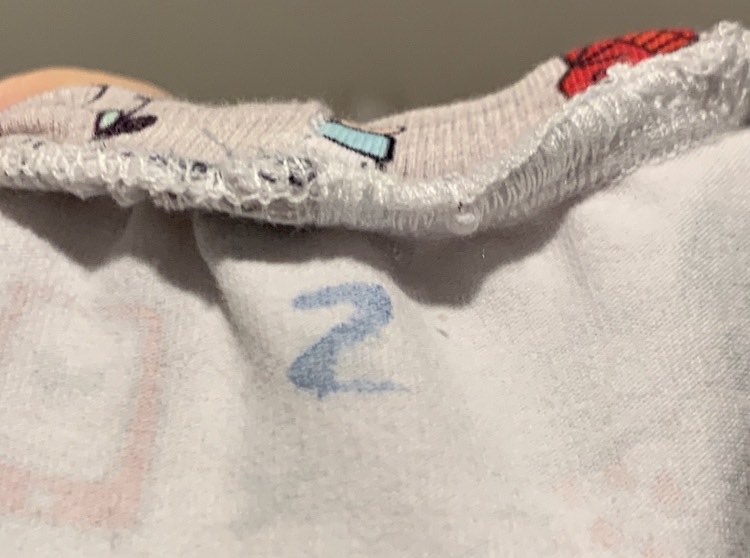 Image shows a closeup of the inside back of Zoey's dress showing a faded blue "Z" located just under the center back neckband.