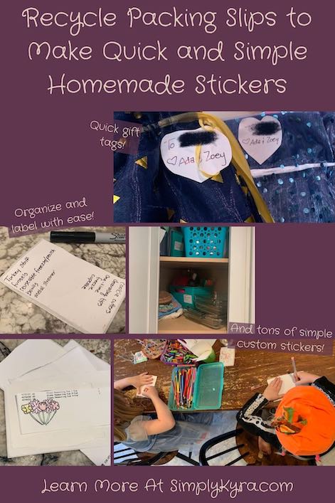 Imaged geared towards pinterest with five images showing different ways you can upcycle the sticker section of a packing slip. All images are shown below. There's also a title at the top, some text showing the ways, and my URL. Overall it shows gift tags, labels to organize, and simple stickers.