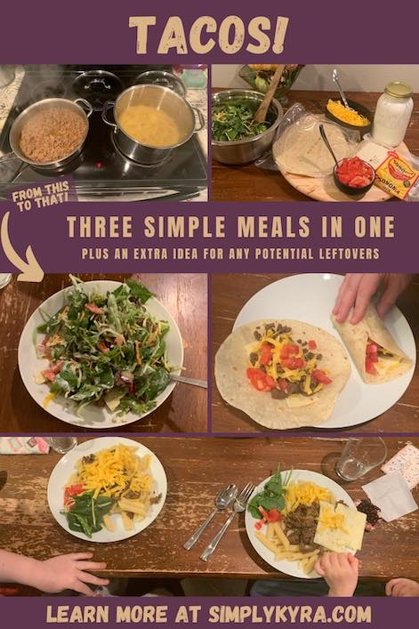 Pinterest image showing a collage of five different images along with the title, subtitle, minor tex, and main URL. The images show the pots of cooked food, the table laid with the cold ingredients, a taco salad, a taco wrap, and two pasta taco plates. 