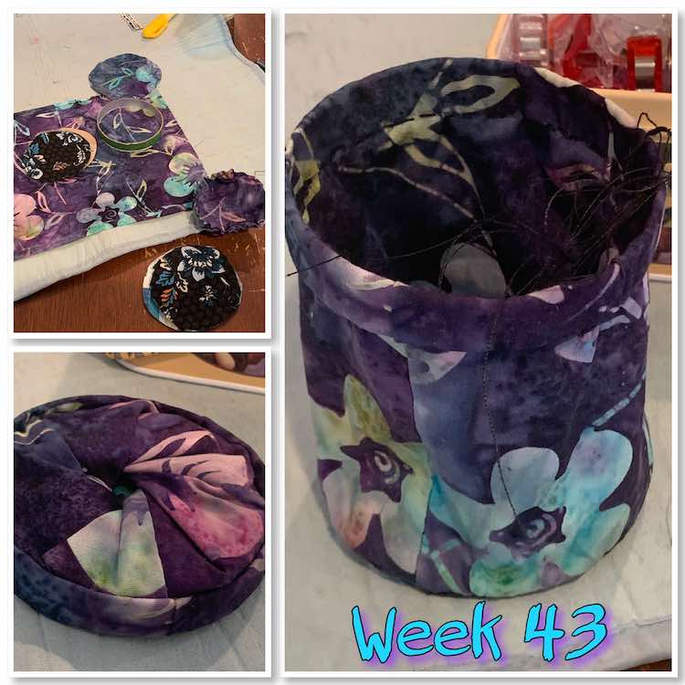 Image is a collage of three photos showing the pieces used to make the thread catcher, the final closed catcher, and the finished ready for thread view. At the bottom it says "week 43" in turquoise with purple shadows. 