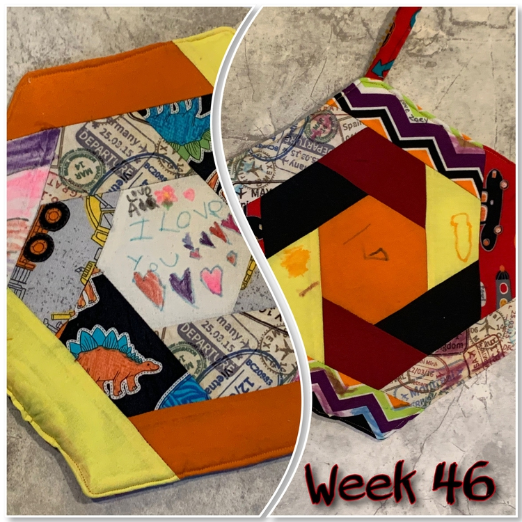 Image is two views of the same hexagon potholder so you can see either side. They're separated by a wavy vertical line and at the bottom it says "Week 46" in black and red. 