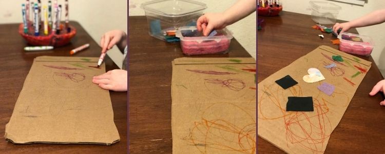 Image is a collage of three photos. The left photo shows her coloring the cardboard while the middle shows her sticking paper in the glue-wet container, and then finally the third image shows the decorated cardboard with glue on paper shapes. 