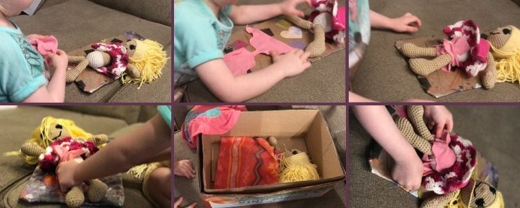Image is a collage of six photos. The top three and bottom outer two shows Ada putting a diaper onto her crocheted doll while it lays on the newly created changing pad. The bottom center image shows the doll all tucked in within a box ready to sleep with a clean diaper. 