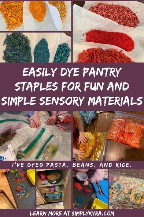 PInterest geared image showing a collage of nine image all shown below too. The title, the text "I've dyed pasta, beans, and rice", and my main URL shows on it. 