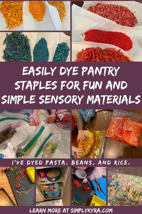 PInterest geared image showing a collage of nine image all shown below too. The title, the text "I've dyed pasta, beans, and rice", and my main URL shows on it.